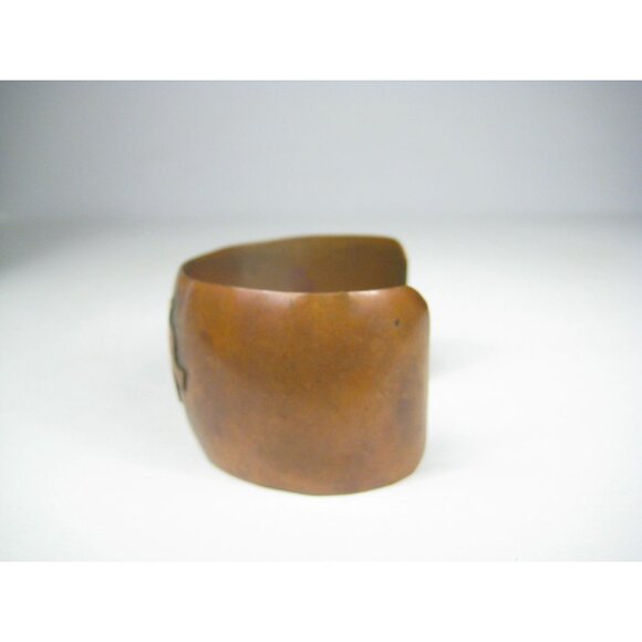 Vintage Mexican Copper Cuff Bracelet Inlaid Abalone Shell Gecko Mid Century WEAR - Picture 4 of 12